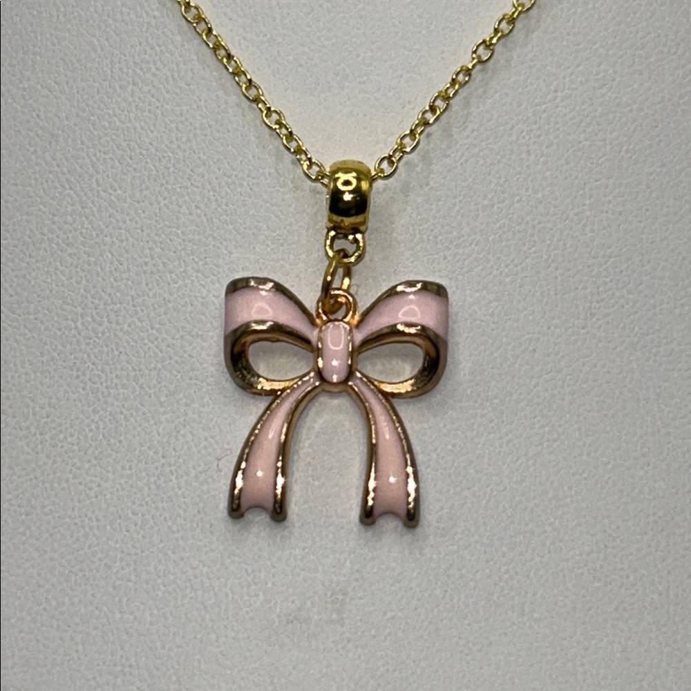 Artisan Handmade Gold Plated Sterling Silver Pink Enamel Bow Charm Necklace